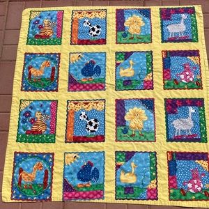 Handmade Yellow Baby Quilt Blanket Flannel Back Farmhouse Whimsical Fun Animals